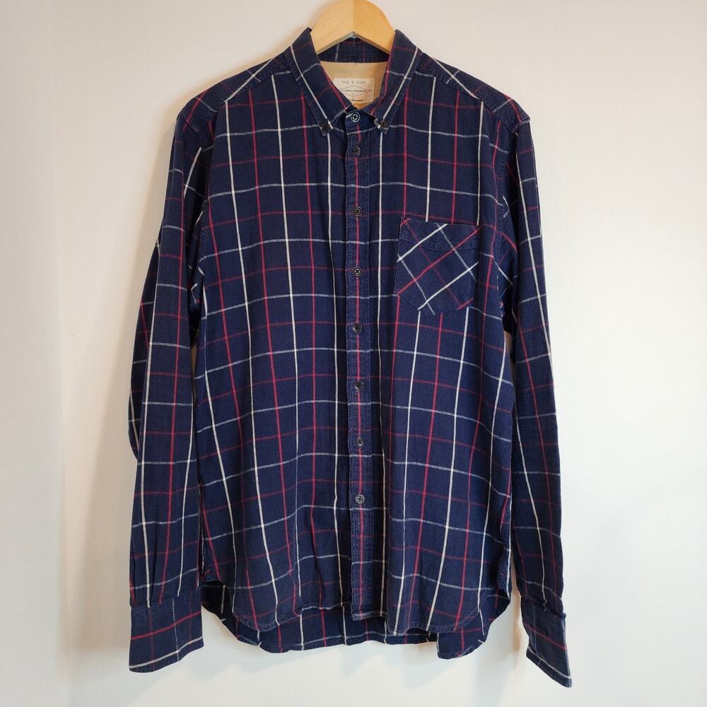 Rag & Bone Mens Large Navy Tattersall Plaid Linen Cotton Long Sleeve Button Down